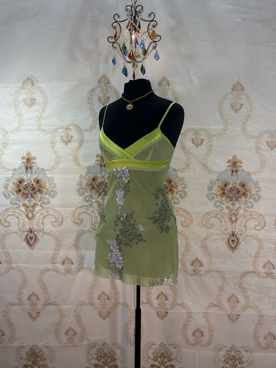Byer California Tops - ✨Vintage Y2K Lime Floral Tie Back Satin Trim Babydoll Tank Top✨